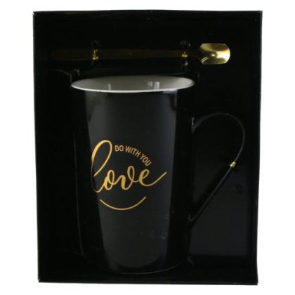 Cana ceramica cu lingurita metalica love negru/auriu