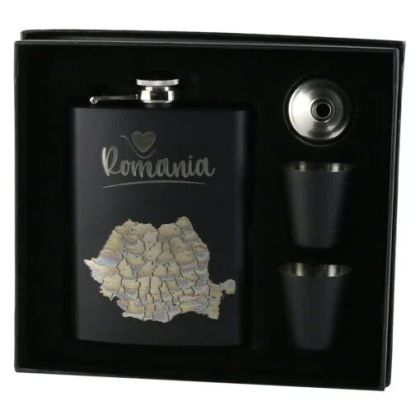 Set cadou plosca cu palnie si 2 pahare harta Romaniei