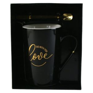 Cana ceramica cu lingurita metalica love negru/auriu
