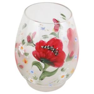Vaza din sticla pictata manual 14 cm - maci cu margarete